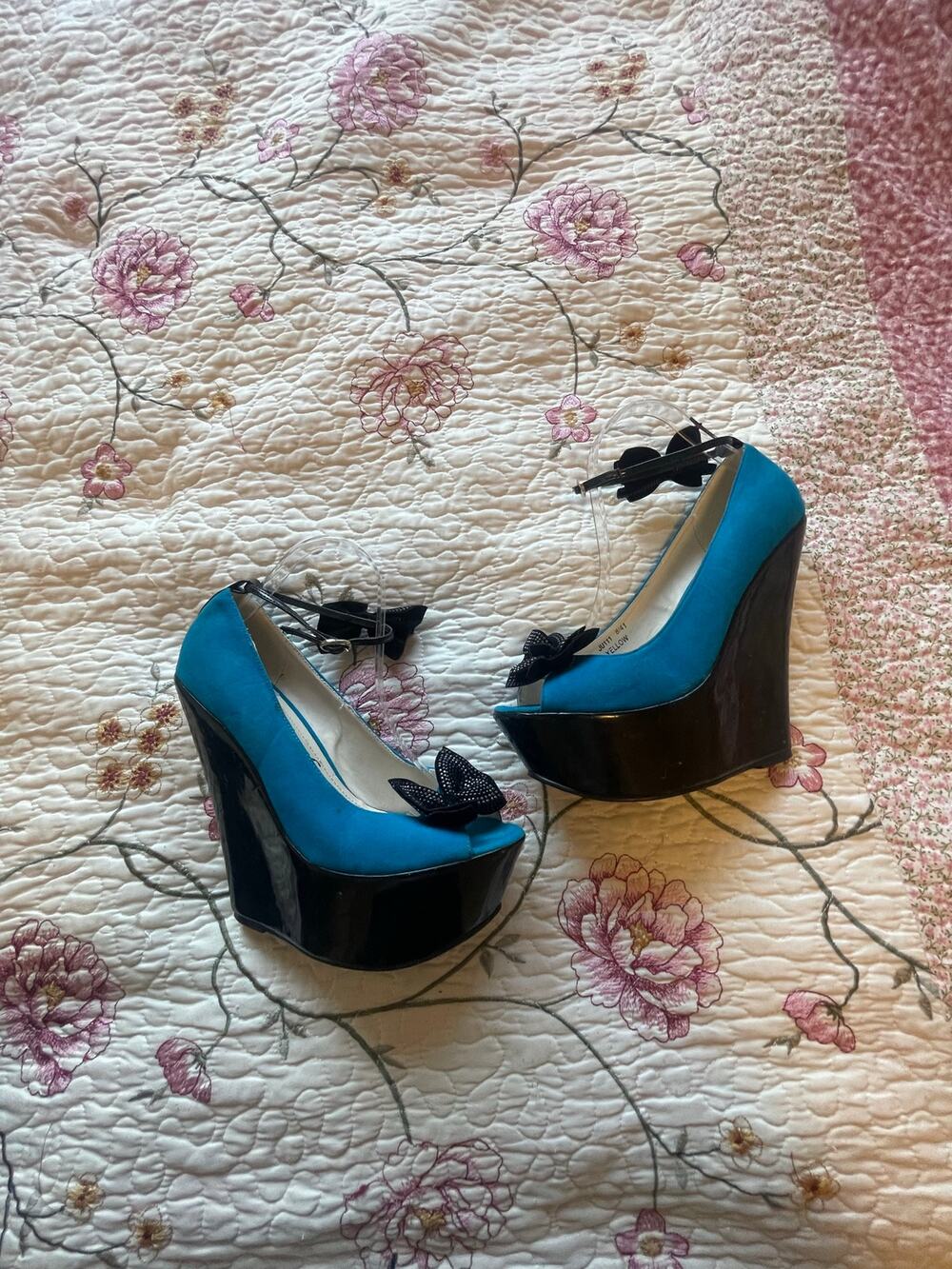 blue and black punk style platform wedges